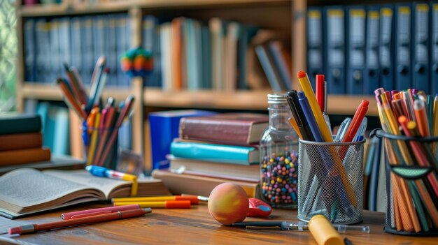 A wooden table adorned with an array of books and vibrant pencils inviting exploration creativity an