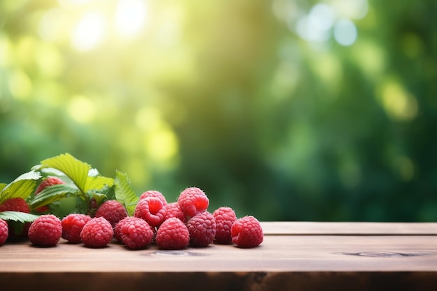 Wooden table adorned with fresh raspberries and ample space Generative Ai