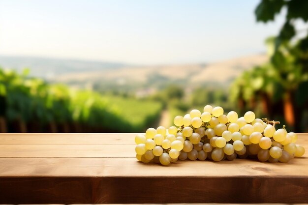 A wooden table adorned with fresh white grapes and a free space Generative Ai