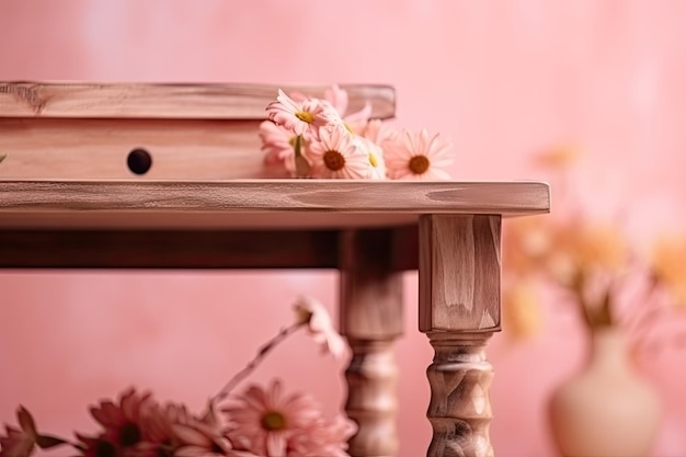 Wooden table adorned with pink flowers and vases Generative AI