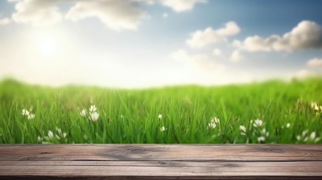 Wooden table against grass natural background