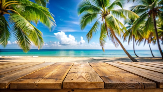 Wooden table against a tropical beach background