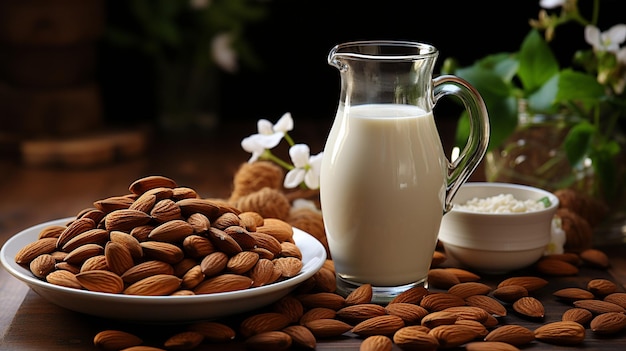 On a wooden table almond milk and almonds