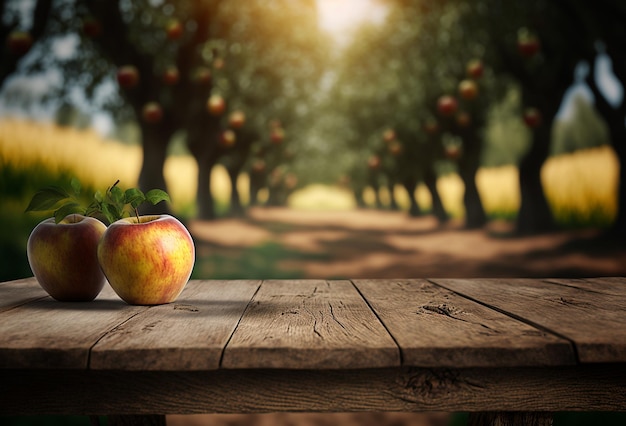 Wooden table apple orchard and blurred background Generative AI