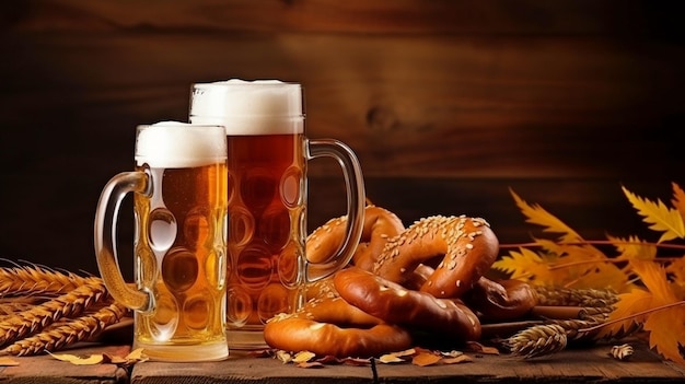 On a wooden table are beer cups and pretzels Oktoberfest Festival of beer GENERATE AI