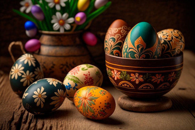 On a wooden table are Easter eggs Holiday context Generative AI