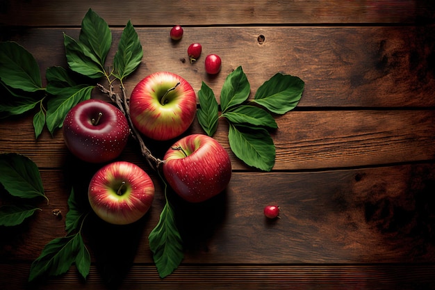 On a wooden table are ripe red apples View from above with room for your text