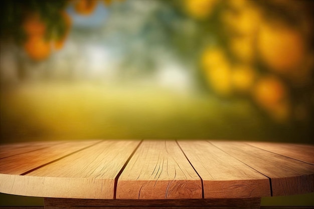 Wooden table background on a blur Orange garden Generative AI AIG15