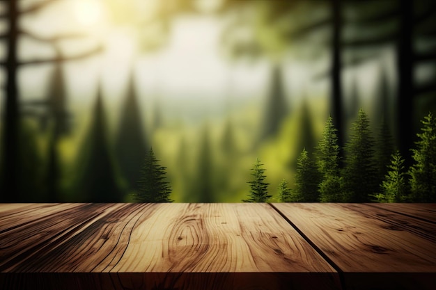 Wooden table background on a blur Pine forest flat Generative AI AIG15