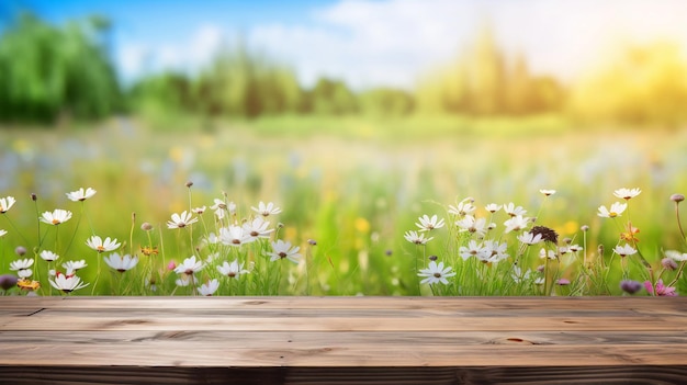 Wooden table background on sunny meadow with wildflowers blurred view Generated AI