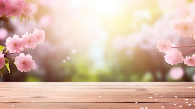 Wooden table background with copy space and a dreamy cherry blossom overlay