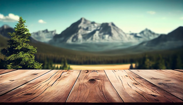 Wooden table background with landscape of mountains and wildlife Rustic empty wooden table for product and merchandise display Generative AI