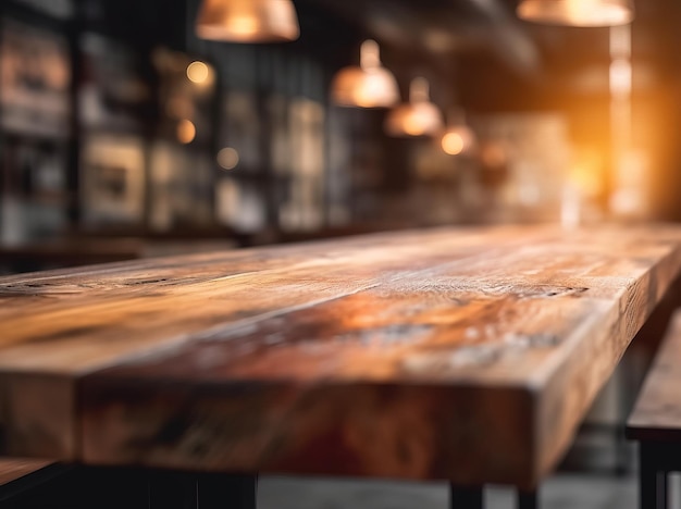 A wooden table in a bar with a bright light behind it