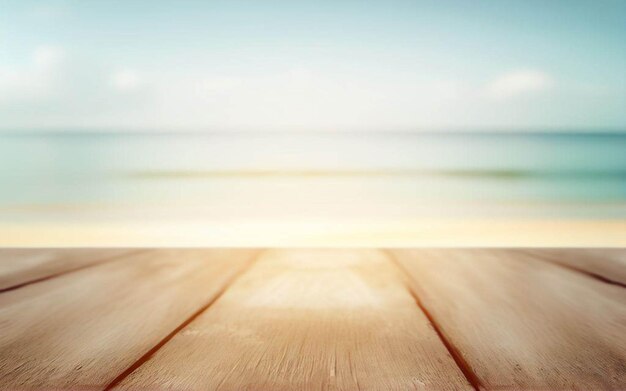 Wooden table on a beach with a blue sky in the background