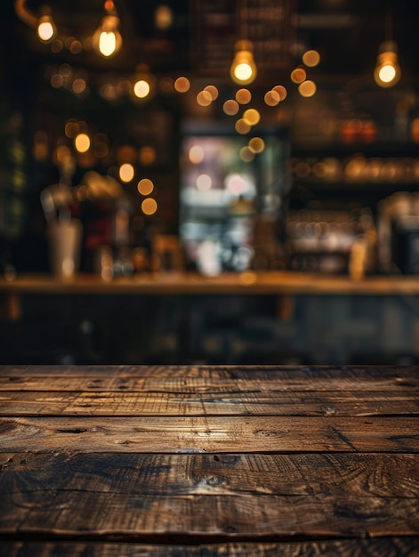 Wooden Table and Blur Bar Background