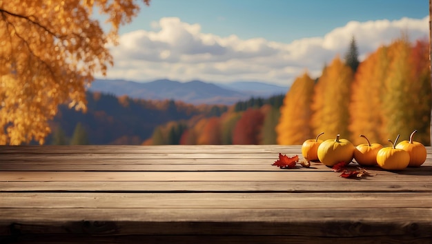 Wooden table on blurry background with isolated autumn theme AIgenerated