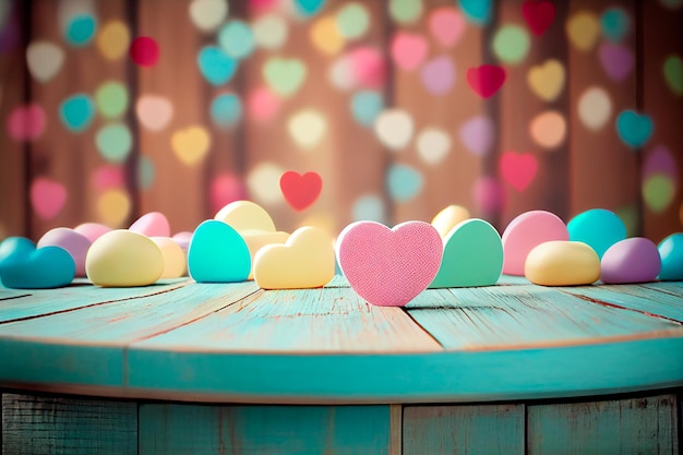 Wooden table on a bokeh background of hearts Saint Valentine concept Generative AI