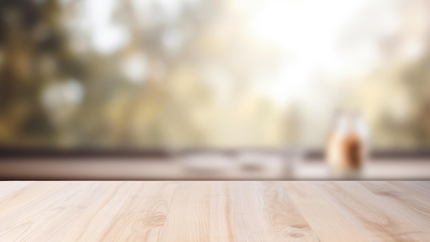 Photo wooden table by the window with drink bottle with sun rays and blurred trees outside