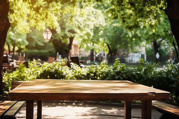 Wooden table in a cafe outdoors under the trees