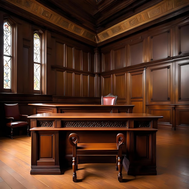 Photo wooden table and chair in a vintage court room