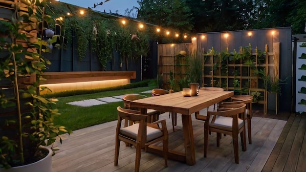 a wooden table and chairs are on a deck with a light on the top