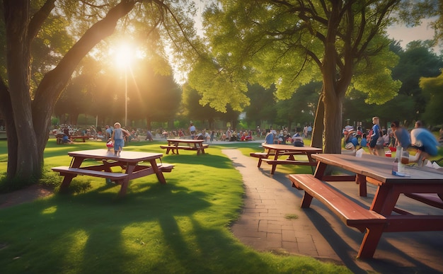 Wooden table and chairs on green grass in school at sunset