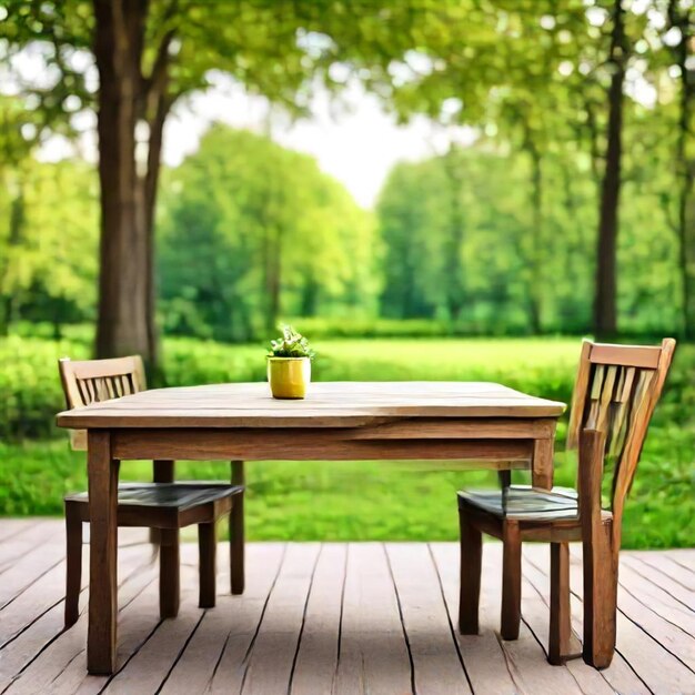 a wooden table and chairs with a green background with a table and chairs