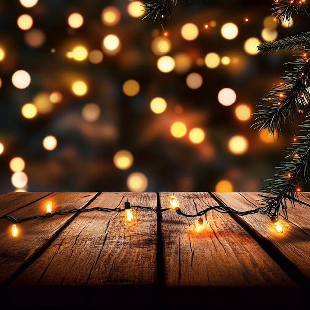 Wooden table and Christmas garlands on a blurred background New Year and Christmas template