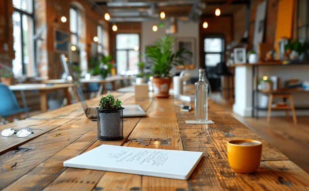 Photo wooden table in a coffee shop a wooden table with a notebook coffee cup a small plant and a glass bottle on it