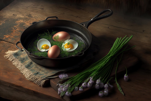 On a wooden table cooked eggs with chives in an iron pan