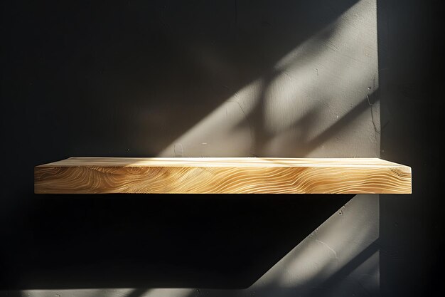 Photo wooden table counter podium with sunlight and shadow on black wall background