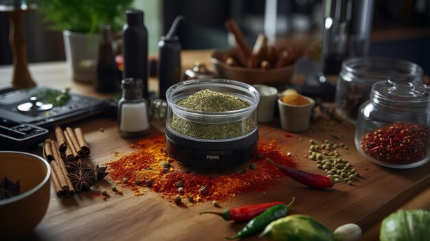 A wooden table covered with a variety of aromatic spices in different containers