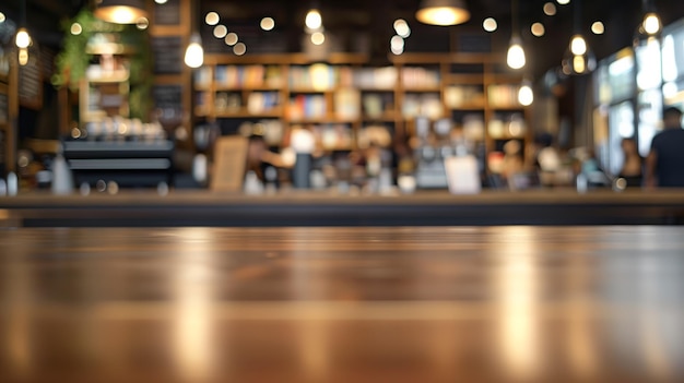 Photo wooden table in a cozy coffee shop blurred background