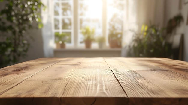 Wooden Table in Cozy Interior with Greenery