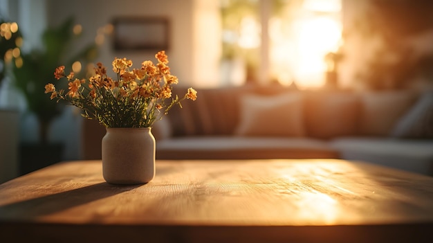 Photo wooden table in cozy sunlit living