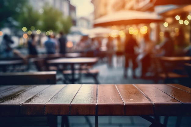 A wooden table in a crowded outdoor cafe with a blurred background.