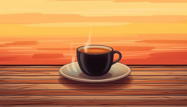 On a wooden table a cup of coffee Illustration Generative AI