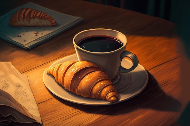 On a wooden table a cup of espresso coffee and a croissant