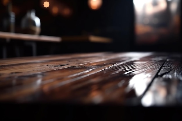 Wooden table on dark blurred background for product placement