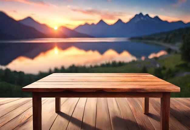 Photo a wooden table on a deck overlooking a lake at sunset