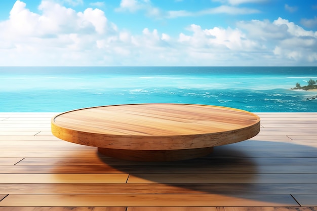 A wooden table on a deck with a blue sea in the background