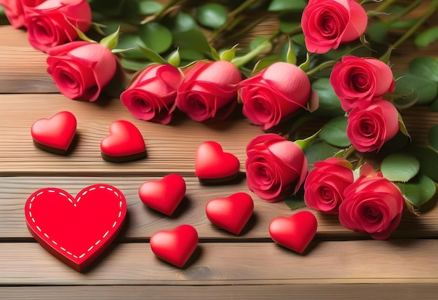 A wooden table decorated with rose petals and heartshaped candies