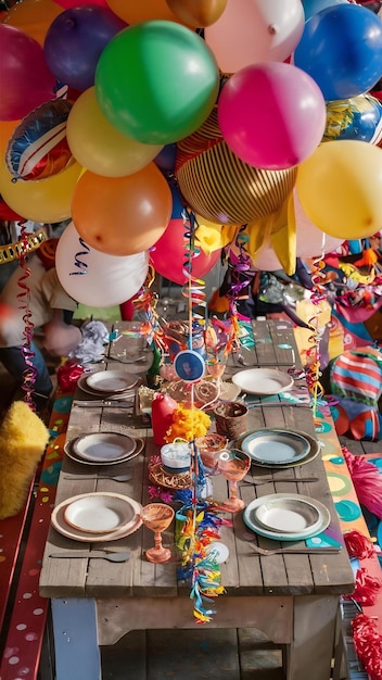 Photo wooden table decorated with vibrant carnival balloons and accessories