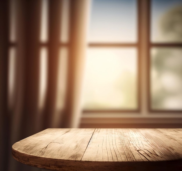 Wooden table on defocuced window with curtain