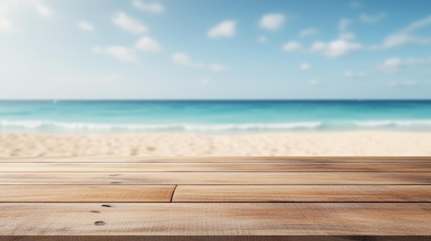 Wooden table for displaying products and beach background with space for copying