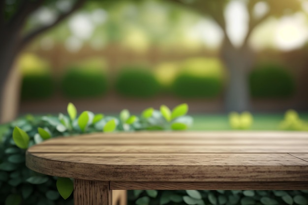 Wooden table empty display on green blurred garden background copy space Generative AI