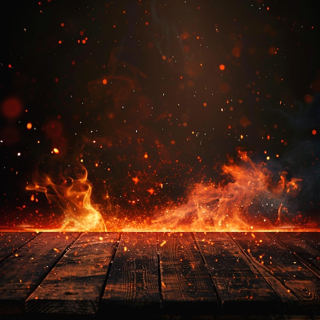 Wooden table and fire with sparks and smoke background