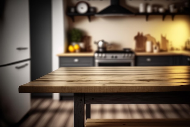 Wooden table foreground and blurred kitchen background Generative AI