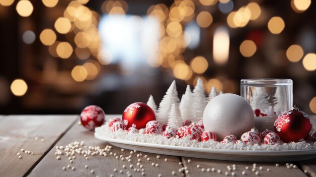 Wooden table in the foreground colorful New Year themed backdrop in the background