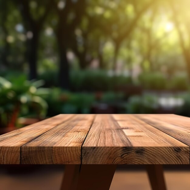 wooden table in forest bokeh background